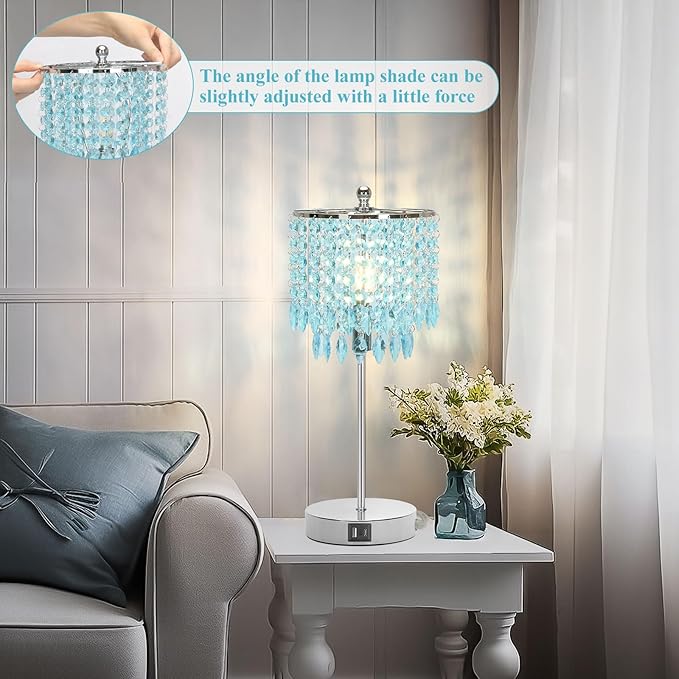 Boncoo Crystal Table Lamp with Touch Control and Dual USB Ports - 3-Way Dimmable Bedside Light with Teal Lamps Shade for Living Room Bedroom, Elegant Home Decor - LED Bulb Included