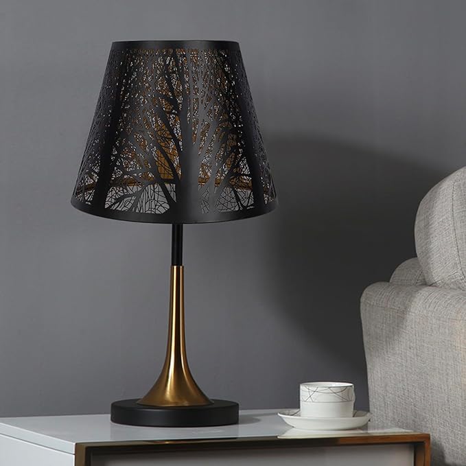 Etched Small Forest Metal Lampshade Top 6‘’ Bottom 10‘’ Height 7.5" Barrel Shade Lampshade Fits Most Table Lamp and Floor Lamp Spider, Outer Black and inner Gold