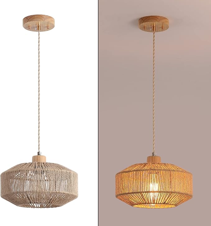 Coastal Woven Pendant Light Fixture One-Light Adjustable Natural Hemp Rope Cage Pendant Lighting for Kitchen Island Sink Farmhouse Dining Room