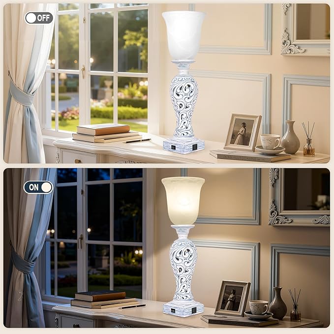 20" Table Lamp with 2 USB Ports, Vintage Bedside Lamp for Bedroom, 3-Way Dimmable Desk Lamp with Glass Shade, Rustic Farmhouse Nightstand Light for Living Room Entryway or Office, LED Bulb Included