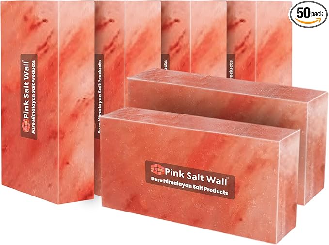 Himalayan Pink Salt Bricks 8"x4"x2" 50-Pack for Walls, Sauna, Spa, Home Wall Decor Improvement (Pack of 50 Salt Bricks)