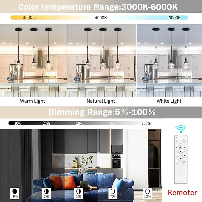 Modern Pendant Lights for Kitchen Island LED Dimmable Crystal Glam Ceiling Pendant Lighting for Dining Room Hallway Bedroom Corner Lamp Black