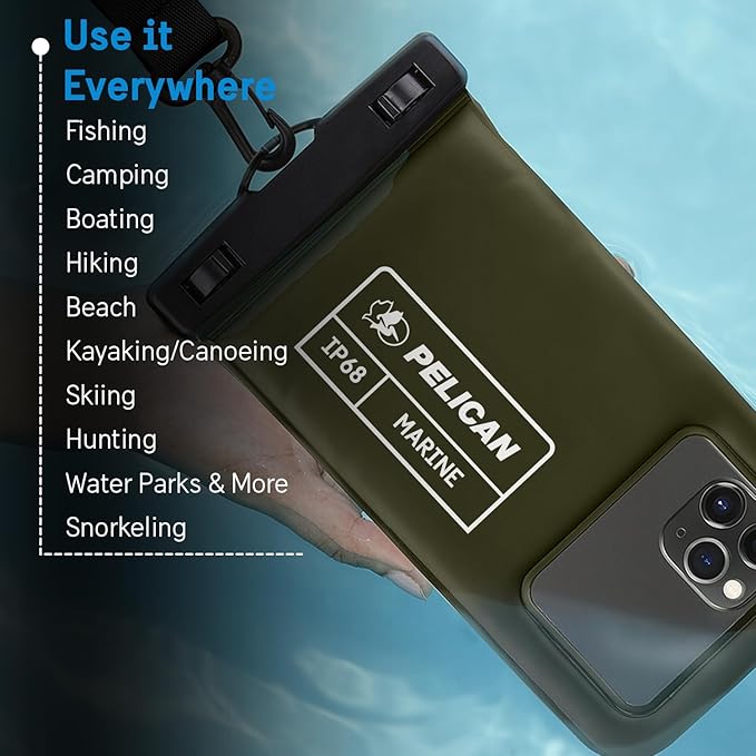 Pelican Marine - IP68 Waterproof Phone Pouch (Regular Size) Floating Waterproof Phone Case - Beach Cruise Ship Travel Essentials - Works with All Phones - Detachable Lanyard - Olive Green
