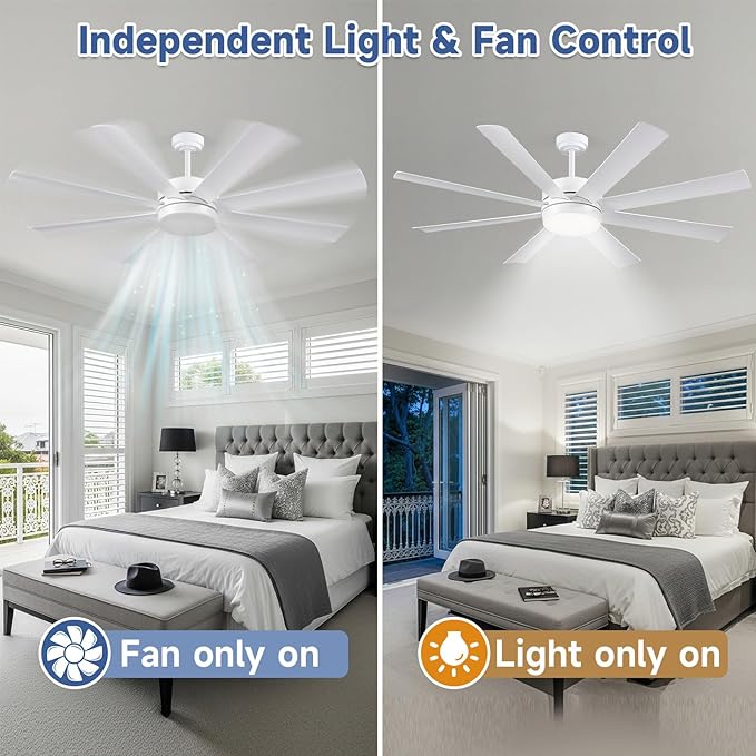 72 Inch Ceiling Fans with Lights, Ceiling Fans with Lights and Remote, Dimmable, Indoor/Outdoor White Modern Ceiling Fan for Kitchen Living Room Patio, Shop Industrial, Dual Finish 8 Blades