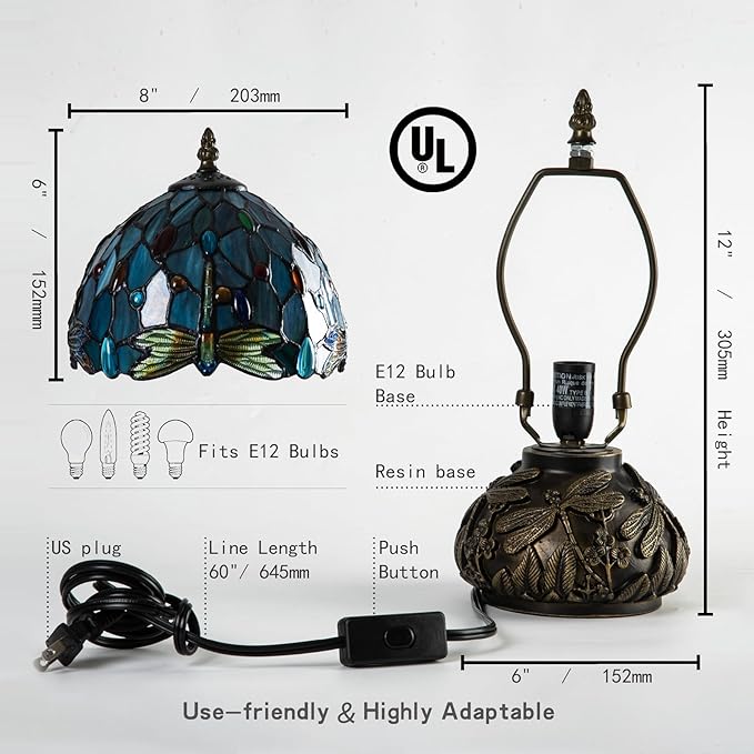 Tiffany Style Stained Glass Mushroom Bedside Table Lamp 8-inch Green Blue Dragonfly Beautiful Shade Nightstand Light for Bedroom Dorm Living Hallway Coffee Table Home Office Housewarming Gift
