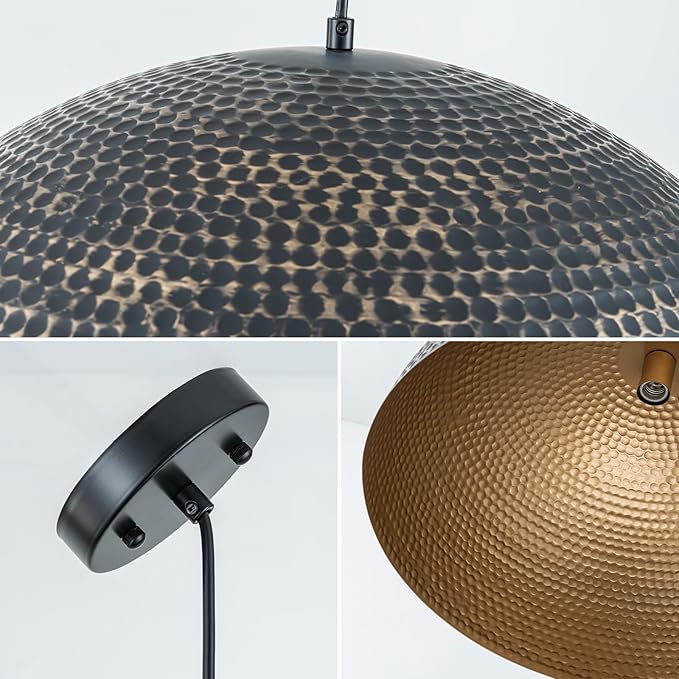23.6 in. Black and Gold Hammered Pendant Light Fixtures, Industrial Metal Dome Shade, Pendant Lights Kitchen Island, Pendant Light for Kitchen Island and Dining Room