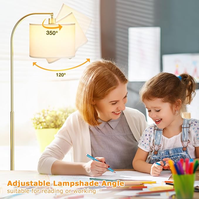 Ambimall Arc Floor Lamp with Remote – Stepless Dimmable, 3000K-6000K, 350° Rotating Head, White Shade & Gold Pole for Living Room & Bedroom