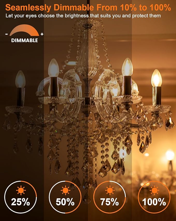 E12 Candle Light Bulbs 25W Warm White 2500K, 250Lumen - B10 Clear Candelabra Base Bulbs Dimmable Chandelier Light Bulbs for Ceiling Fan, Pendants or Outdoor (12 Pack)