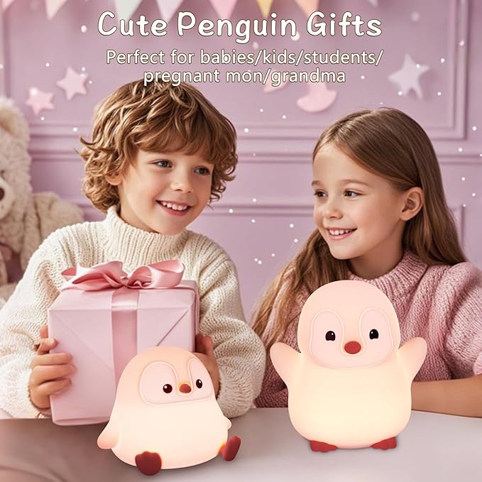 Pink Penguin Night Light,Food Grade Soft Silicone Nursery Nightlight for Baby,LED Squishy Novelty Animal Bedside Lamp,Rechargeable/Dimmable/Timer,Funny Gifts for Kids Girls Adults Teens