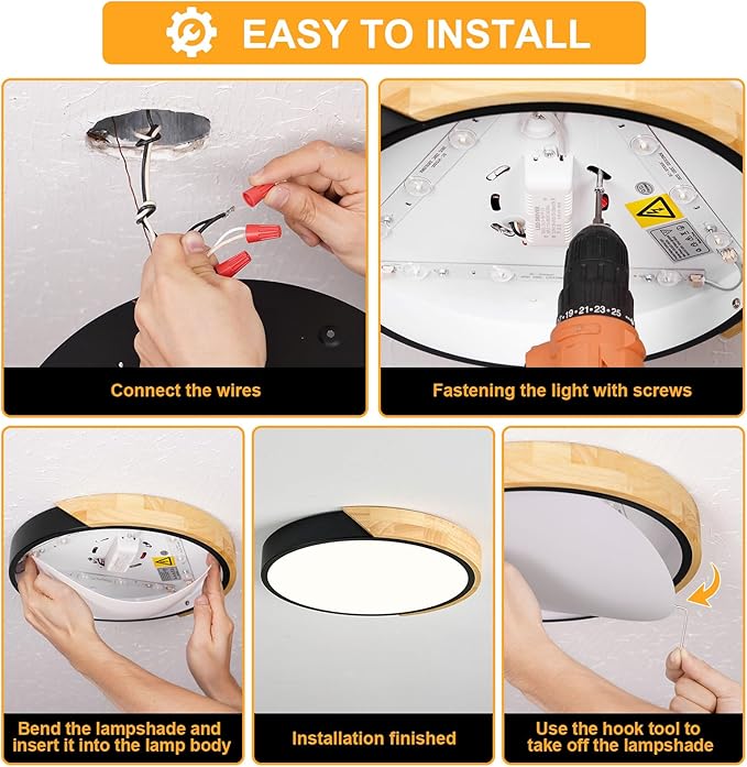 Vikaey Modern LED Ceiling Light, Minimalist Wood Flush Mount Ceiling Light Fixture, 4000K Not Dimmable, Circle Lighting Lamp with Acrylic Lampshade for Bedroom Laundry Room Hallway (Black,11.8")