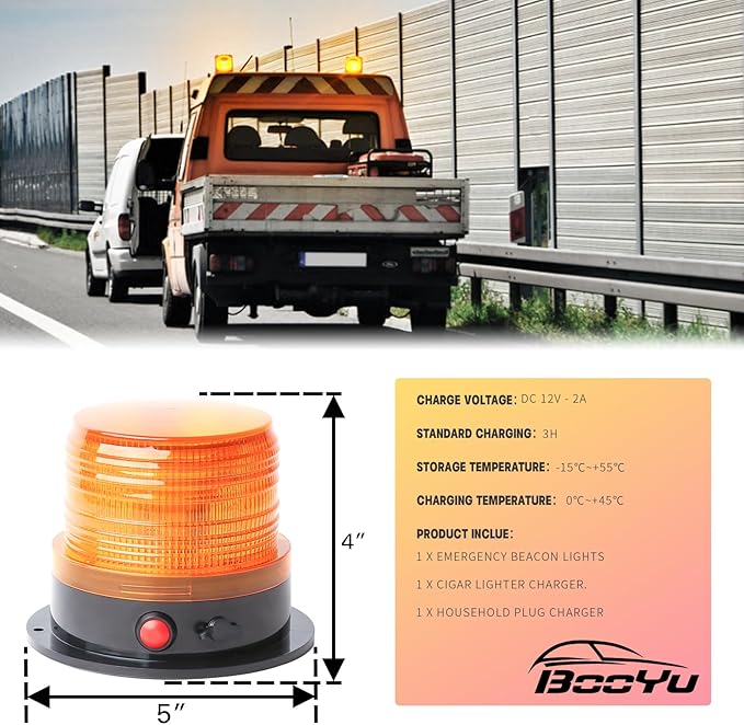 BooYu Battery Operated Amber Warning Beacon Light w/Magnetic Base, Portable Rechargeable Mini Roadside Roof Top Plow LED Strobe Emergency Flash Mail Lights for Trucks/Trailer/Vehicle 1-Pcs