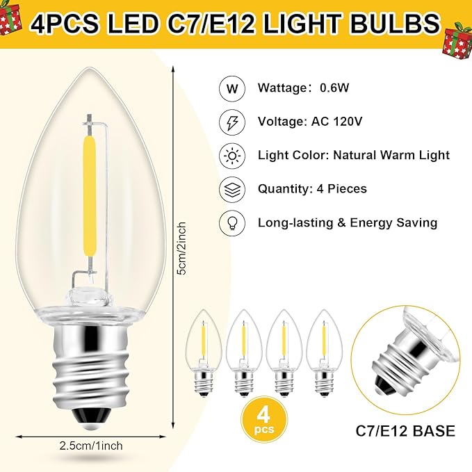 1Pack Accessory Cord with 4LED Bulbs and Outlet Christmas Village Light 8.9FT Blow Mold Light Cord with Spare Fuse Warm White C7 Lamp Christmas Village Accessories for Village Houses Craft Pumpkin