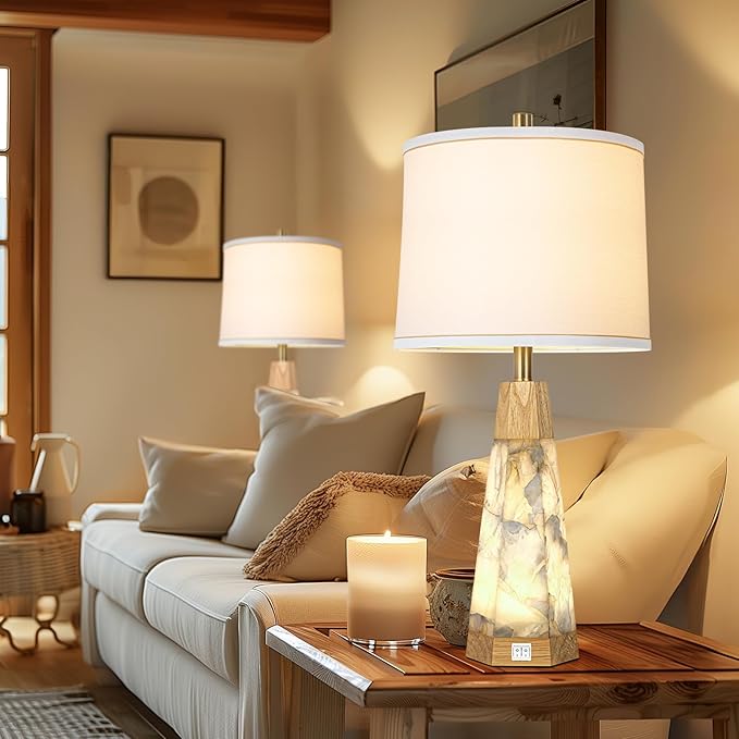27" Natural Alabaster And Real Wood Table Lamp Set of 2 With Night Light Nightstand Lamps With USB Ports White Linen Fabric Shade Bedside Lamp Decor For Living Room Bedroom Home Office Hotel Bar House