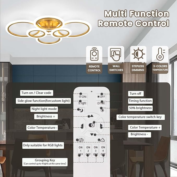Gold Modern Flush Mount Ceiling Light,6 Rings Dimmable LED Modern Ceiling Light Fixture with Remote,Close to Ceiling Lamp for Living Room Bedroom Kitchen Lighting Fixtures Ceiling Mount