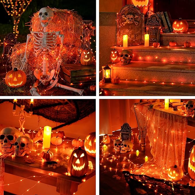 JMEXSUSS 2 Pack Orange Fairy Lights, Total 200 LED 66ft Battery Operated Halloween Lights with Remote, 8 Modes Twinkle String Light for Halloween Thangksgiving Fall Tree Indoor Outdoor Decoration