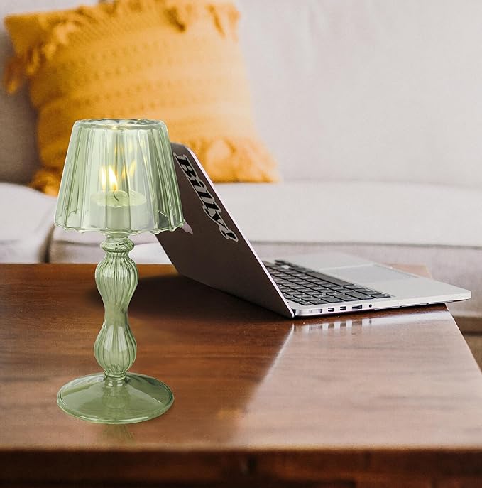 Desk Lamp Shaped Glass Candle Holder - Glass Hurricane Candleholder Crystal Decorative Candle Stand for Table Wedding Dinning Centerpieces Party Supplies Decor DarkGreen