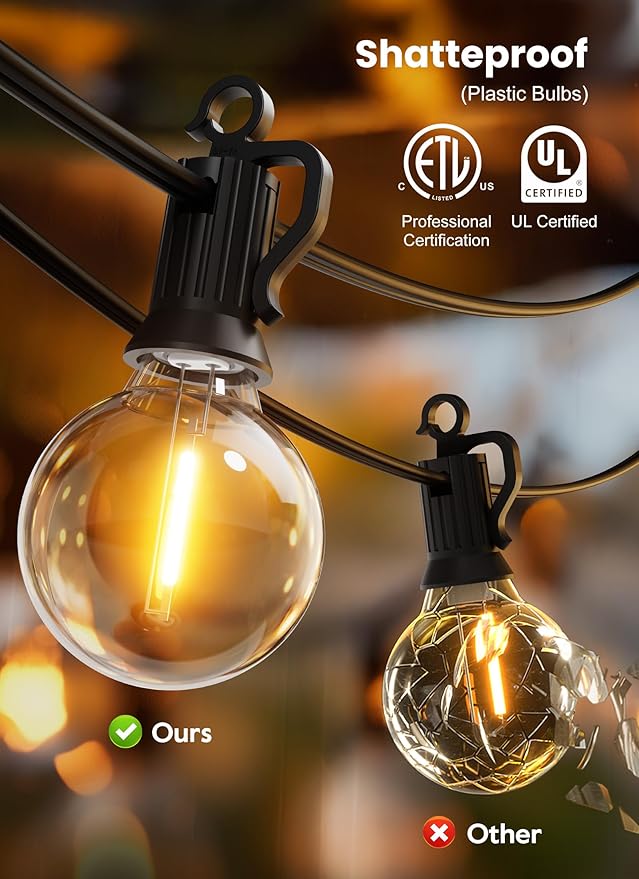 Outdoor String Lights – 50ft Connectable Patio Lights with 52 G40 LED Plastic Bulbs (2 Spare) Outside Vintage Hanging Light for Backyard Bistro Balcony Porch Party Wedding, E12, 2200K, Black