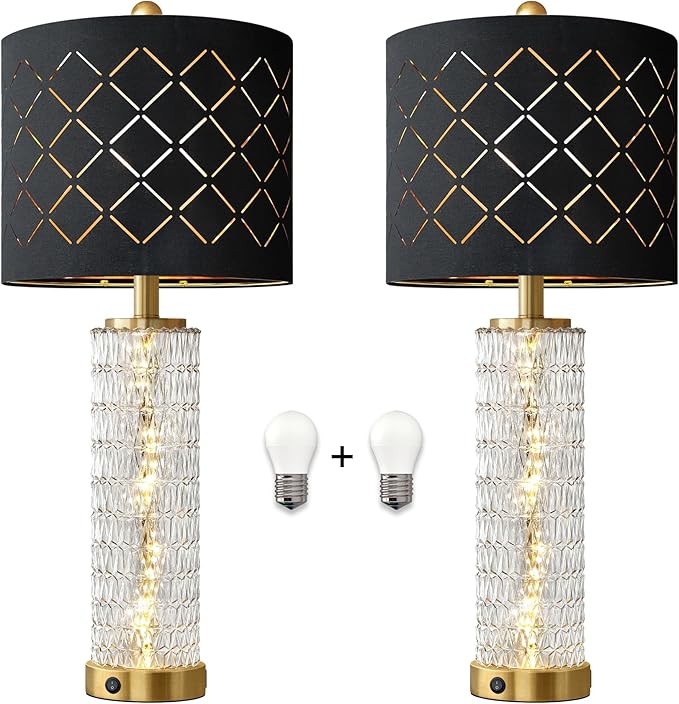 Oneach 27.75-Inch Gold & Black Table Lamps with USB A+C and Crystal Nightlights, Set of 2