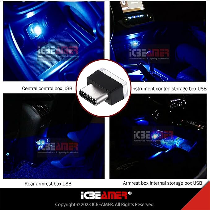ICBEAMER Type C Adapters Atmosphere Light - 2-Pack (Blue) | Universal Plug-in Miniature Night Light | LED USB Car Interior and Trunk Ambient Lighting Solution