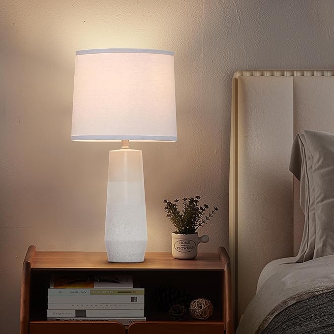 25.25" White Ceramic Table Lamps for Living Room, Ceramic White Lamps Set of 2 for Nightstand, Minimalist Beige Table Lamp Set of 2 for Bedroom, Console Reading Table Lamps