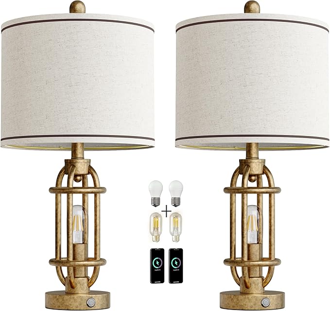 23.75'' Table Lamps Set of 2 for Living Room Bedroom Industrial Farmhouse Metal Touch Lamps with USB A+C Ports, Night Light Vintage Nightstand Bedside Lamp, Bulbs Included, Champagne Gold