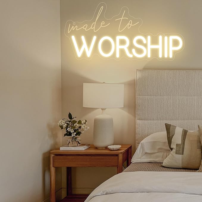 Made to Worship Neon Sign – Warm White Dimmable LED Wall Sign with 3D Engraved Letters and Light Strip, Christian Home Decor for Prayer Room, Church, or Bedroom 15″ × 7.25″
