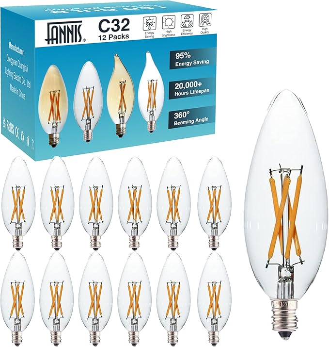 12 pcs C32 Candle Filament LED Bulb, Soft Warm White Light 4W Equals 25w-40W, E12 Candelabra Base Edison Bulb, Clear Glass Light Bulb for Pendant Chandelier Ceiling Fan