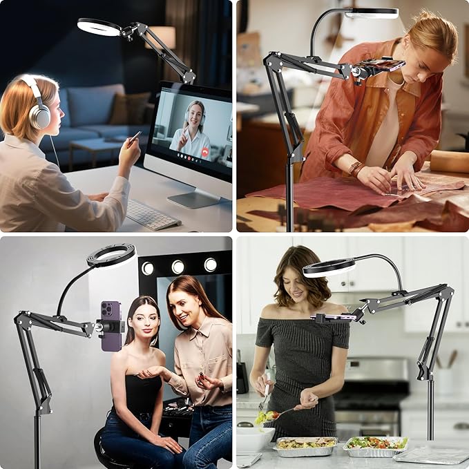 Floor Overhead Phone Mount with Ring Light, LED Selfie Light Phone Tripod Stand for Video Recording, Compatible with iPhone, 3 Color Modes for Filming, YouTube, TikTok, Live Stream, Vlog, Cooking