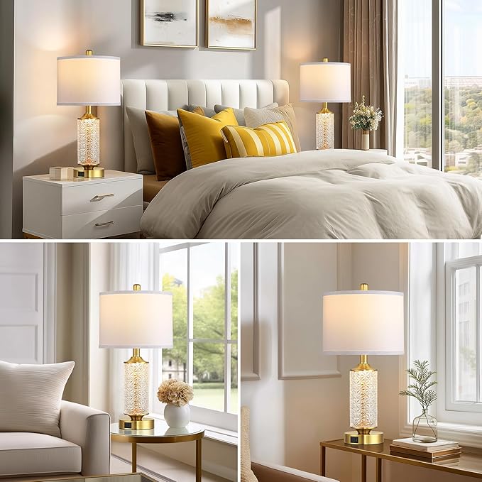 QiMH Set of 2 Table Lamps with USB A+C Ports, Modern Bedside Lamp with LED Night Light, Bedside Lamp for Bedroom, Nightstand Lamps for Living Room Office (Gold)(2 Bulbs Include)