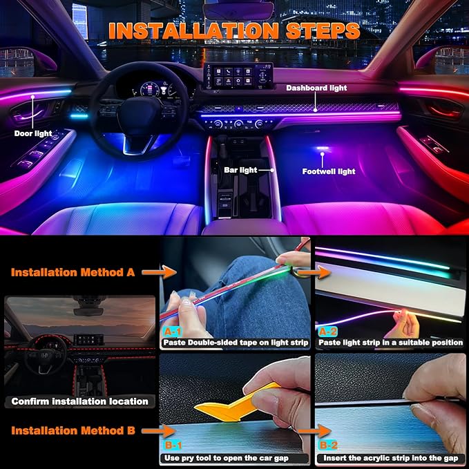 Interior Car LED Strip Lights, Acrylic LED Lights for Car with Dynamic Dreamcolor Chasing, Ambient Lighting Kits Music Sync Wireless APP and RF Remote Control (2 * 29.5'')