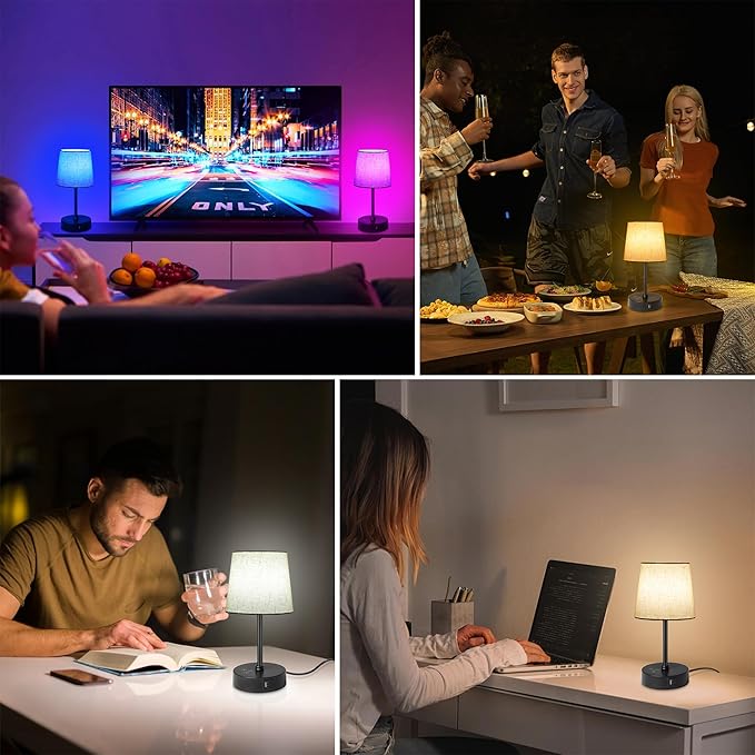 Ascher Small Bedside Table lamp Set of 2, RGB Color Changing Lamps, 3 Color Temperatures, Dimmable Nightstand Lamp with USB C+A Ports, Touch Desk Lamp for Bedroom Living Room, H11.4in(Flaxen Shade)
