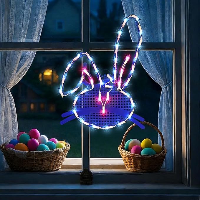 17" 40LED Lighted Blue Bunny Easter Decor - UL Certified, Gentle Warm Glow, Window & Hanging Decor, Cozy Mantel Accent, Delicate Gift Box Packed