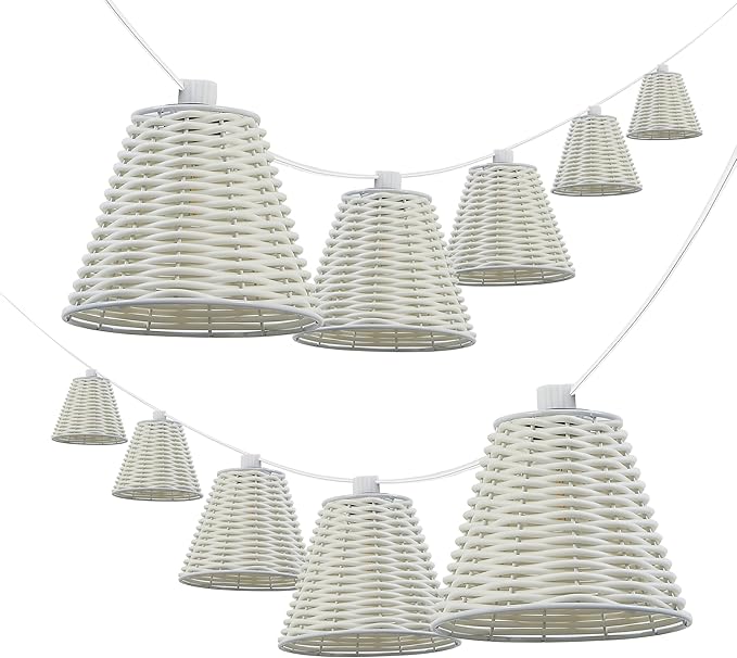 JONATHAN Y JYL8706B Payton 10-Light Indoor/Outdoor 10 ft. Classic Cottage LED G40 Faux-Rattan Shaded String Lights Coastal, Traditional, Farmhouse, Rustic, Patio, Porch, Backyard, White