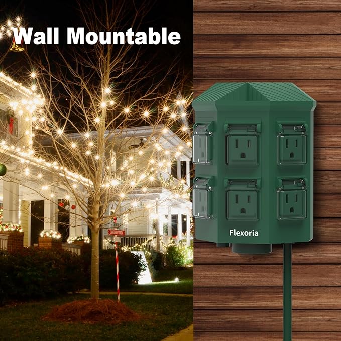 Flexora Outdoor Power Strip with 24-Hour Mechanical Timer, 100 FT Extension Cord Waterproof, 6 Grounded Outlets for Outdoor Christmas Decorations, ETL Listed