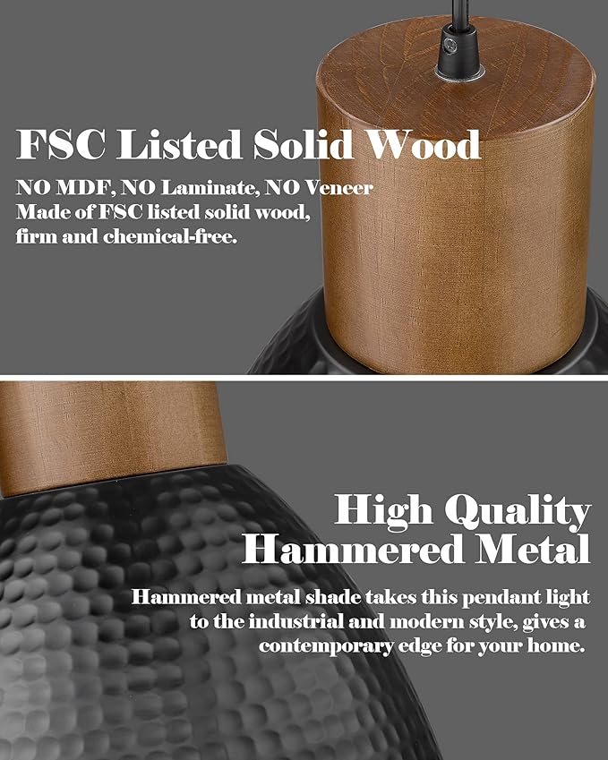 ELYONA Hammered Pendant Light, 10.2” Industrial Hanging Lamp with Solid Wood & Metal Shade, Modern Pendant Light Fixtures for Kitchen Island, Bar, Farmhouse Dining Room, Bedroom, Living Room, Black