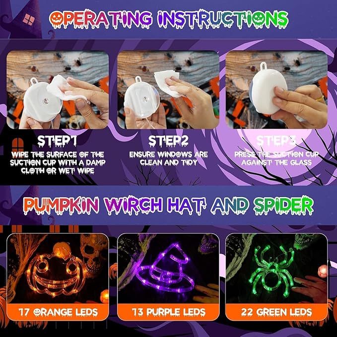 BHCLIGHT 3 Pack Halloween Window Lights Orange Pumpkin Purple Witch Hat Green Spider Battery Operated, Window Light with Suction Cup and Timer Function for Indoor Outdoor Halloween Party Decorations