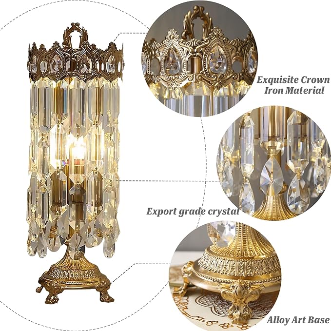 SOMINA Bedside Lamps Luxury Crystal Crown Table Lamp with 3 Color Temperatures, USB Charging Port & Touch Control, Modern Nightstand Lamp for Bedroom, Living Room, Hotel