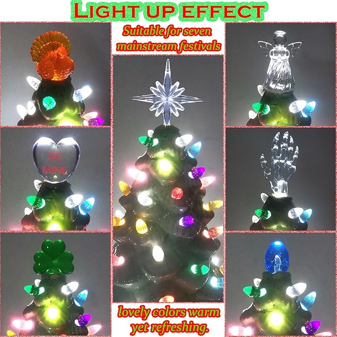 110Pcs in 10 Colors Ceramic Christmas Tree Replacement Lights - Plastic Bulbs Pegs, Included Angel Topper/Heart Top/Cross Stars/Egg/Turkey/Skeleton Hand/Clover.
