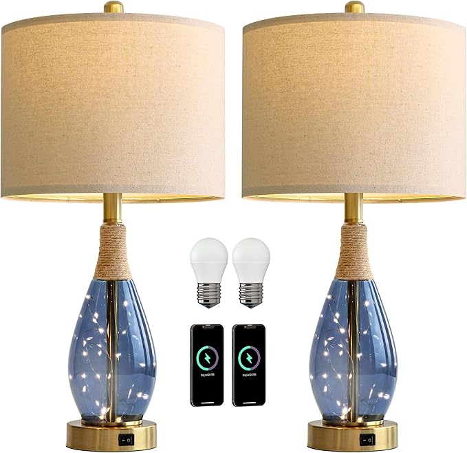 OYEARS 23" Table Lamps for Living Room Set of 2 Bedside Lamps for Night Stands Bedroom Lamps Farmhouse Rattan Boho Lamp Glass Nightlight End Table Lamp with USB C+A (Blue),Two Light Points