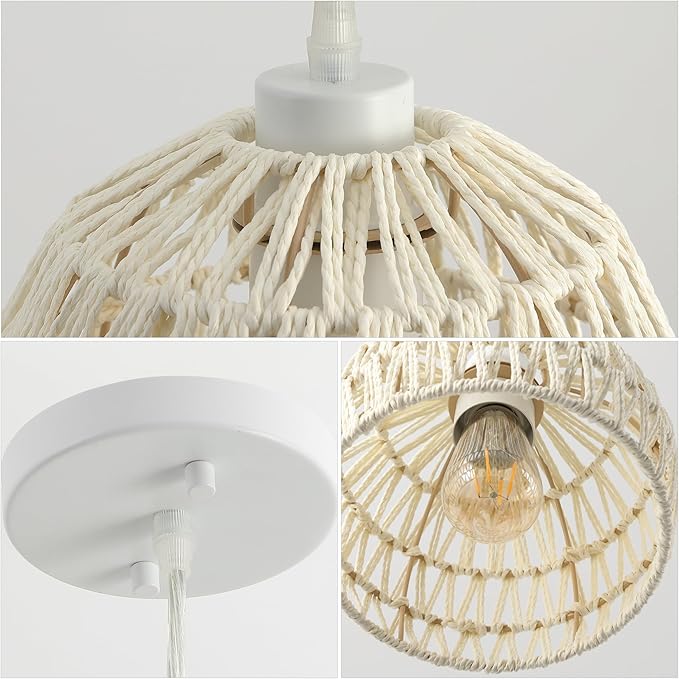 JONATHAN Y 8.25" Cream Modern Bohemian Woven Rope LED Pendant Light Fixture, Adjustable Dome Ceiling Lamp for Kitchen Island, Rope Shade, Coastal Farmhouse Decor (JYL6512C)
