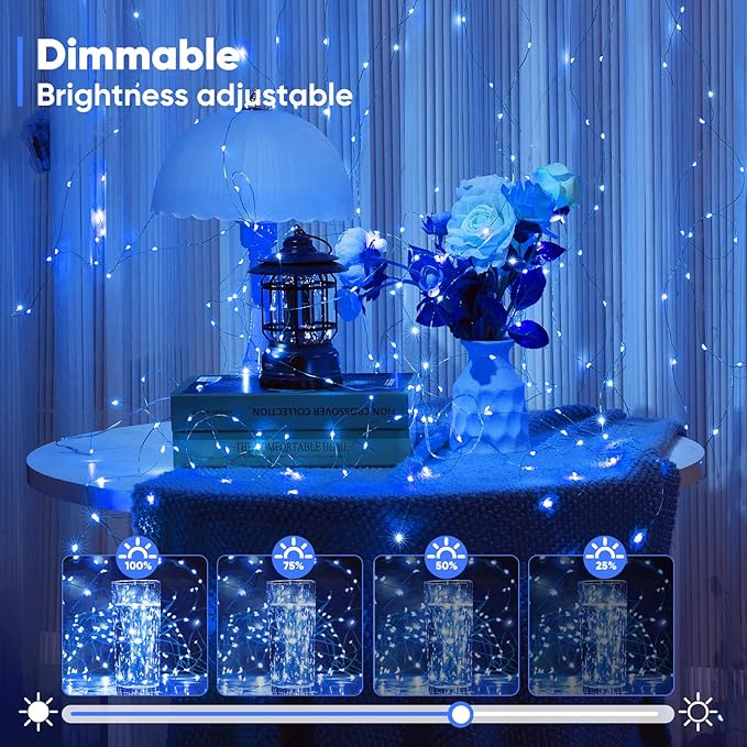 1 Pack 65.6 Ft. Battery Operated Outdoor String Lights with Remote & Timer, LED Blue Fairy Lights, Waterproof Twinkle Lights for Bedroom, Dorm, Mason Jar, Wedding, Party, Christmas