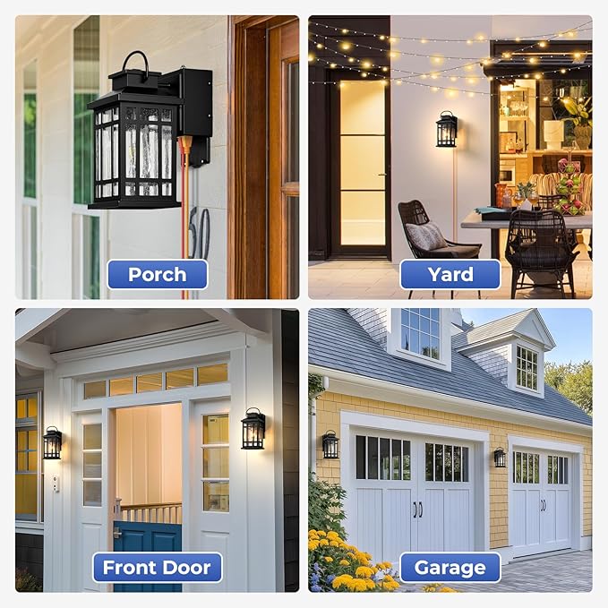 Outdoor Wall Sconce with GFCI Outlet – Black Dusk-to-Dawn Bubble Glass Exterior Lantern