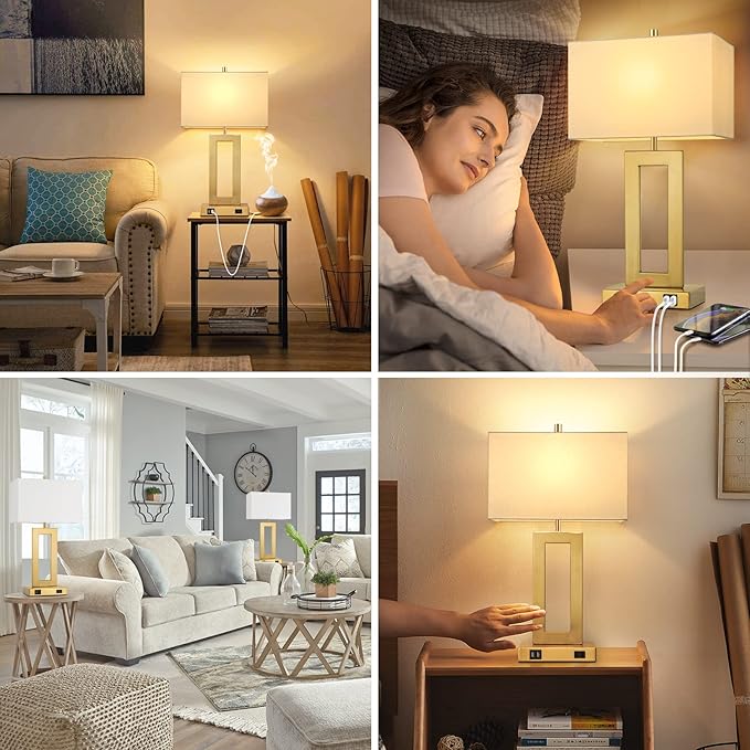 22’’ Table Lamps for Bedrooms Set of 2, Gold Bedside USB Desk Lamp with AC Outlet, Touch Control Modern Vintage Living Room Table Lamp for Nightstand End Table, 3-Way Dimming with 2 E26 Edison Bulbs