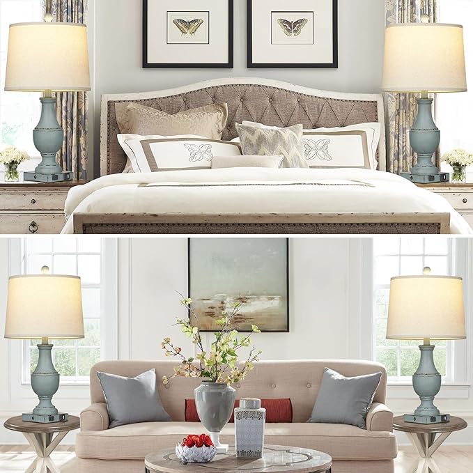 Farmhouse Table Lamps Set of 2, Rustic Touch Control Bedside Lamps with 2 USB Ports & AC Outlet, Vintage 3-Way Dimmable Nightstand Lamp Linen Fabric Shade for Living Room Bedroom End Table Decor