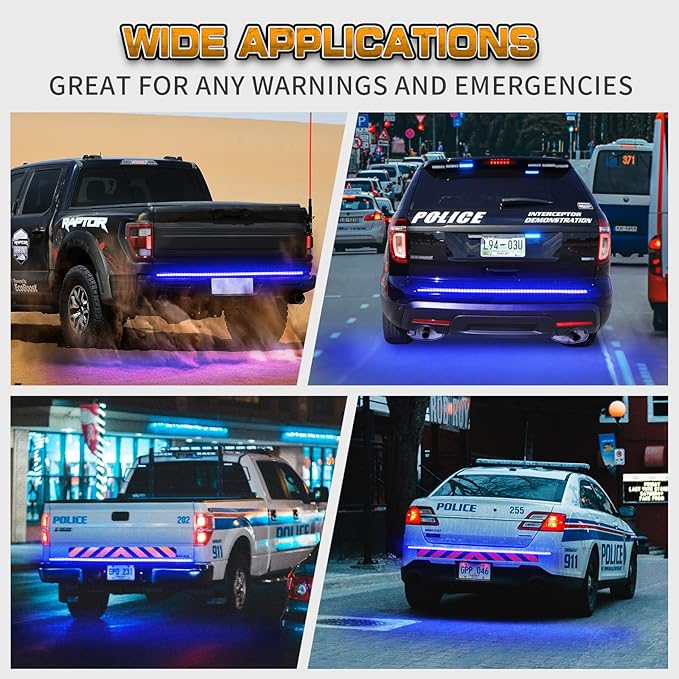 XRIDONSEN 60 inch Blue Emergency Lights Strip 360 LED Truck Tailgate Rear Window Police Firefighter Lights Strobe Flashing Warning Hazard Safety First Responder for Vehicles POV Pickup Trucks