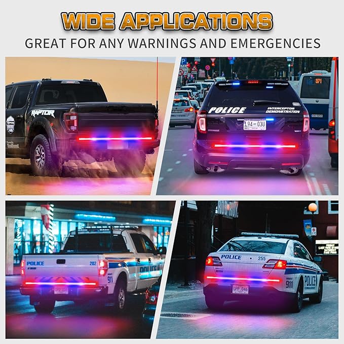 XRIDONSEN 60 inch Truck Tailgate Police Lights Strip 360 LED Rear Window Lights Red Blue Emergency Strobe Lights Flashing Warning Hazard Safety w/Waterproof Flexible for Vehicles Trucks