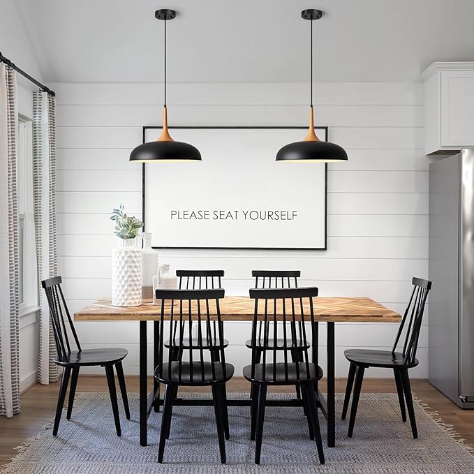 Oversize Black Pendant Lights Kitchen Island,Modern Pendant Light Fixtures,Farmhouse Adjustable Hanging Pendant Lighting Foyer Entryway Hallway Bedroom Dining Room Living Room,Faux-Wood,Large 15.75 in