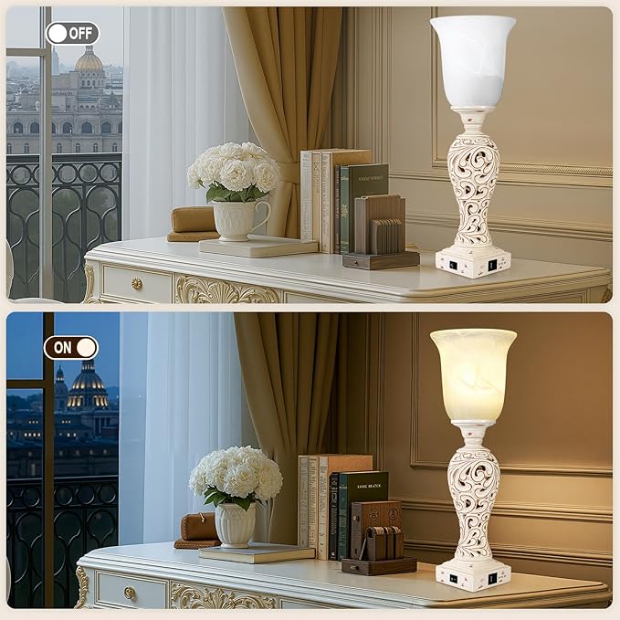 20" Bedside Lamp for Bedroom, Torchiere Table Lamp with 2 USB Charging Ports, Vintage Desk Lamp with Glass Shade, 3-Way Dimmable Bulb Included, Retro Rustic Nightstand Lamp for Living Room Entryway