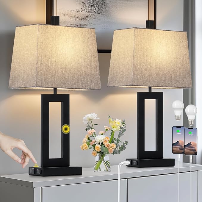 Touch Control Table Lamp Set of 2, Modern Black Bedside Lamps with USB C+A Ports & AC Outlet, 3 Way Dimmable Bedroom Lamps for Night Stands Bedroom Living Room,Nightstand Lamp