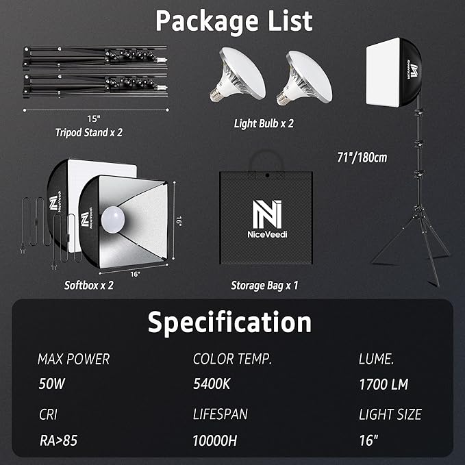 Softbox Lighting Kit, NiceVeedi 2-Pack 16'' x 16'' Softbox Photography Lighting Kit with 63” Tripod Stand & 5400K 450W Equivalent LED Bulb, Continuous Lighting for Photography/Video Record